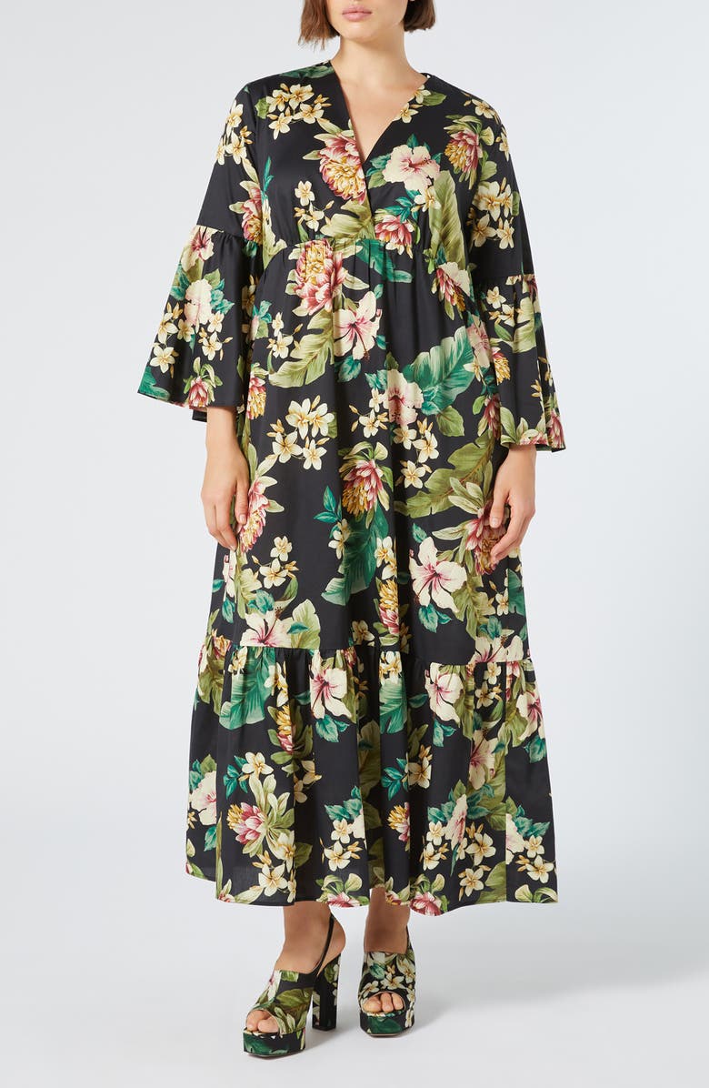 Marina Rinaldi Medeola Floral Print Ruffle Hem Maxi Dress, Main, color, Black