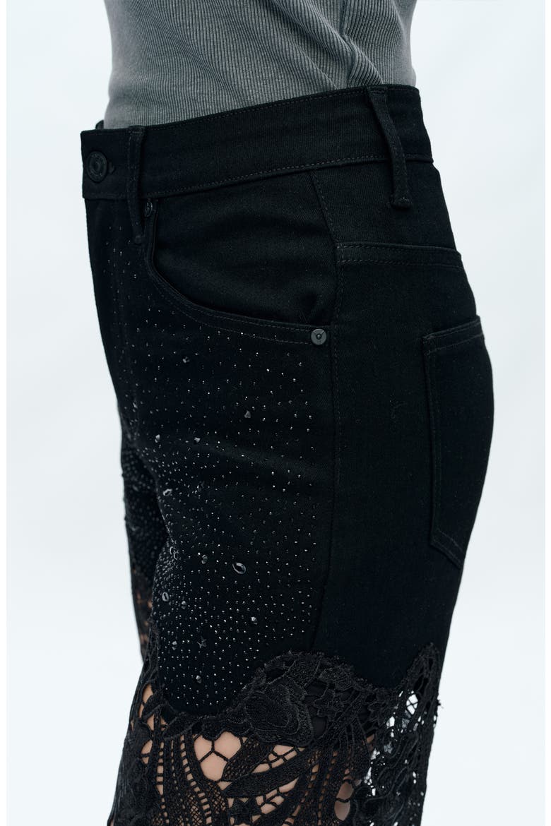 High Waist Crystal Embellished Lace Wide Leg Jeans, Alternate, color, BLACK
