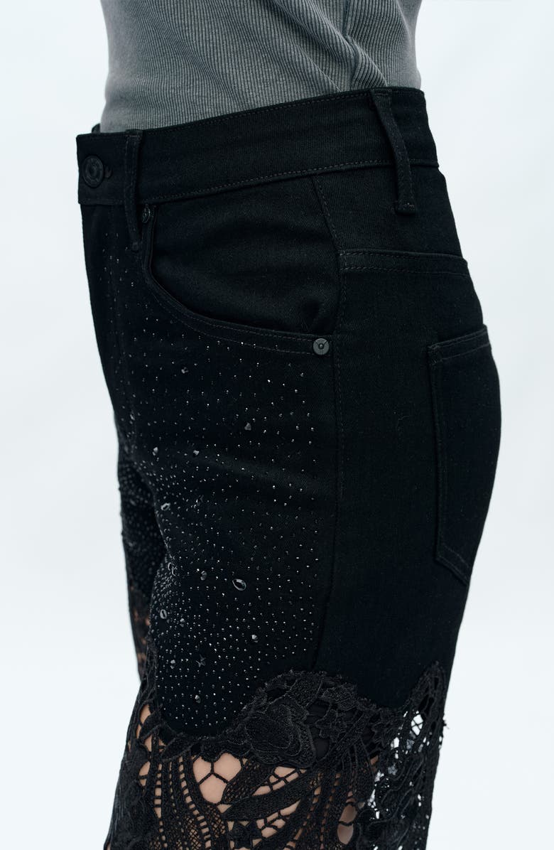 Bayeas High Waist Crystal Embellished Lace Wide Leg Jeans, Alternate, color, Black