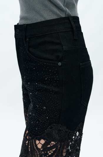 High Waist Crystal Embellished Lace Leg Jeans