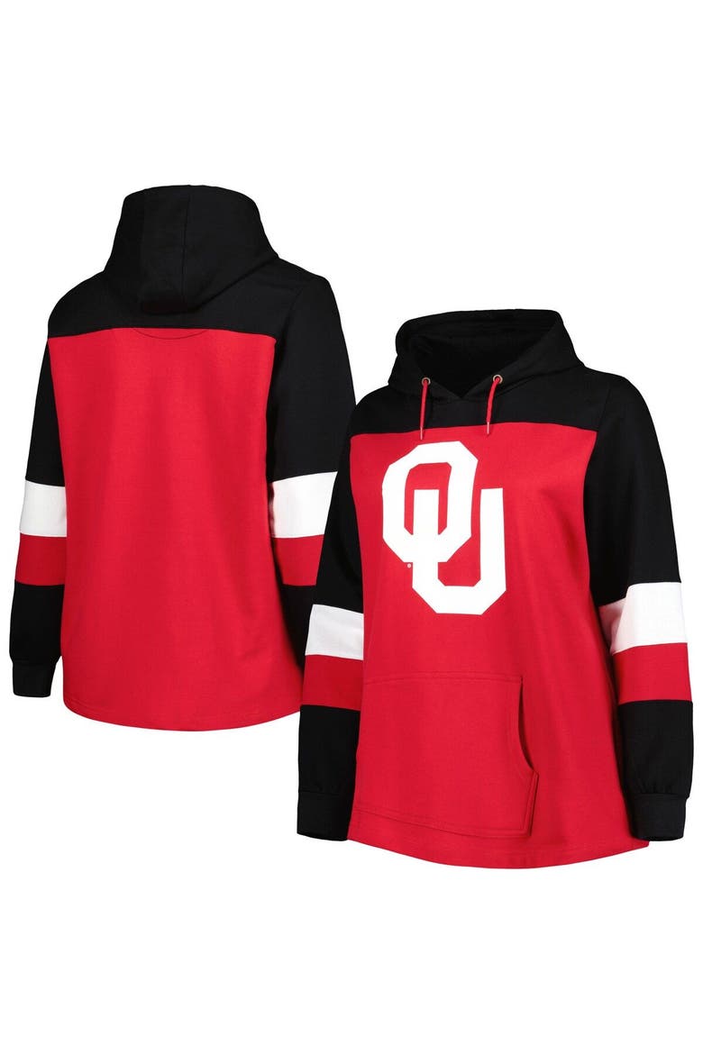Women's Crimson Oklahoma Sooners Plus Size Color-Block Pullover Hoodie, Main, color, Crimson