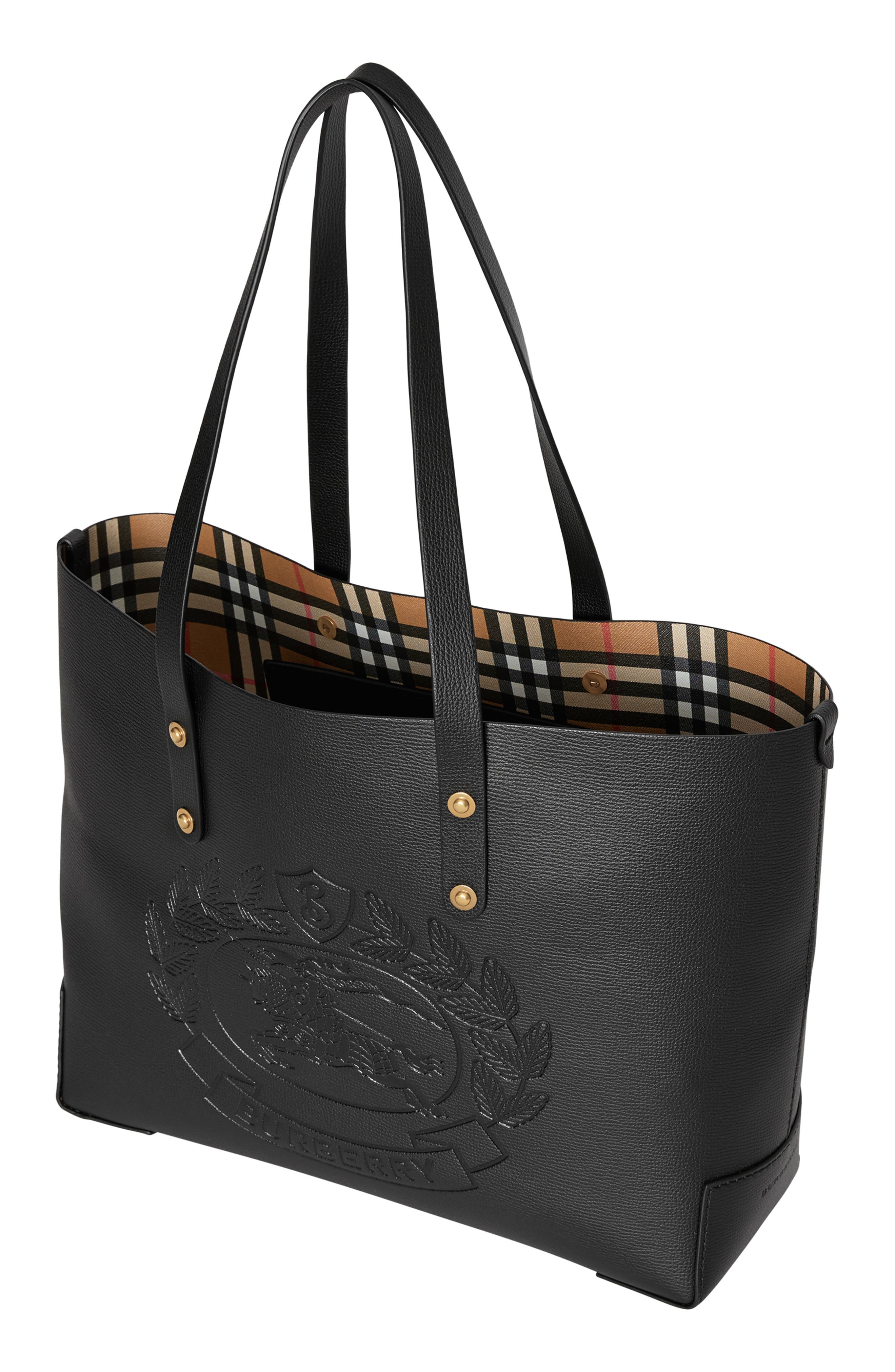 Embossed Crest Small Leather Tote, Alternate, color, BLACK