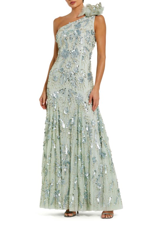 Mac Duggal Beaded Mesh One Shoulder Trumpet Gown With Flower In Sage