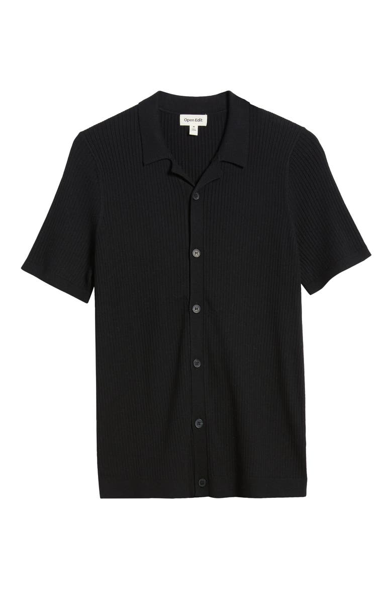Ribbed Short Sleeve Camp Collar Cardigan, Alternate, color, BLACK