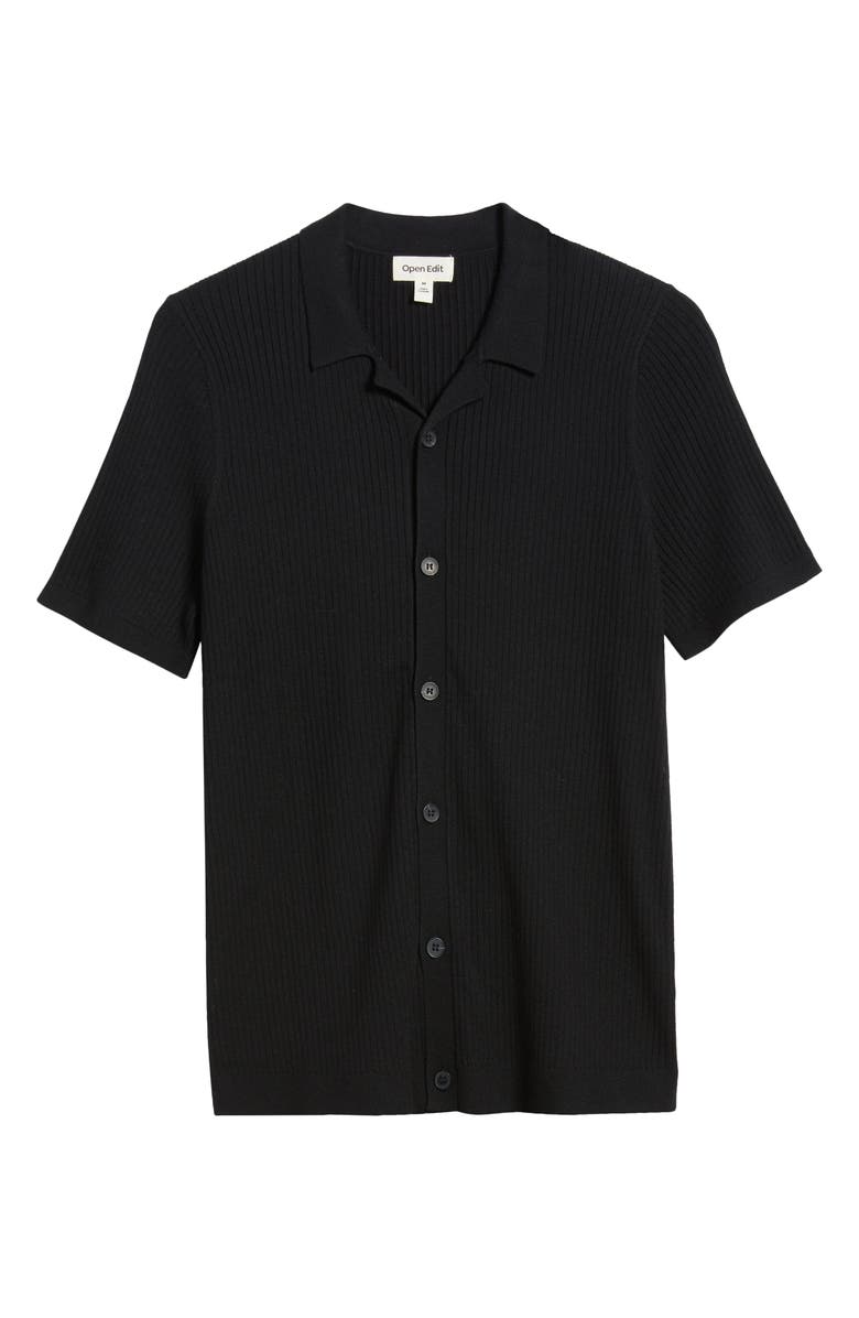 Open Edit Ribbed Short Sleeve Camp Collar Cardigan, Alternate, color, Black