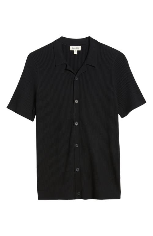 Open Edit Ribbed Short Sleeve Camp Collar Cardigan In Black