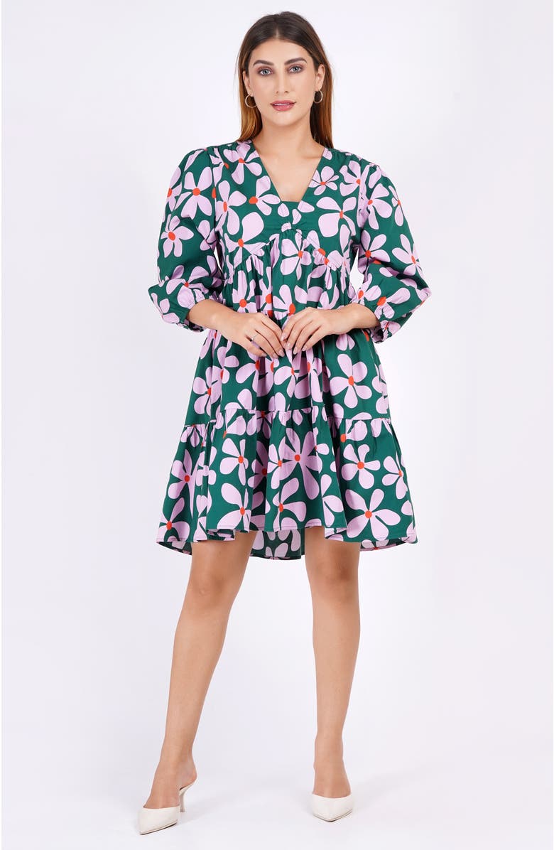 Leota Zariah Empire Waist Mini Dress, Alternate, color, Dancing Daisies Evergreen