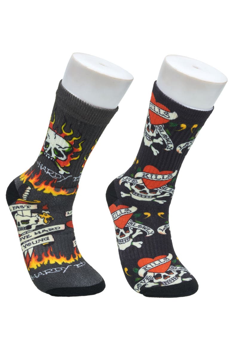 Flaming Skull 360 Print Full Cushion Crew Sock 2-Pack, Main, color, Grey