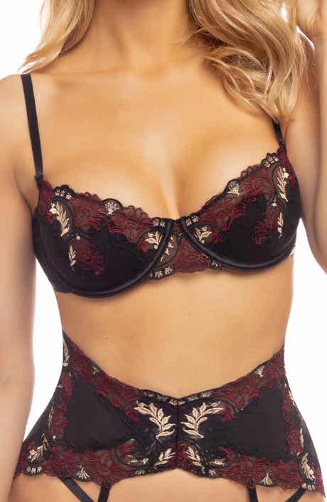Oh La La Cheri Esmerelda Embroidered Underwire Bra, Thong & Garter Belt