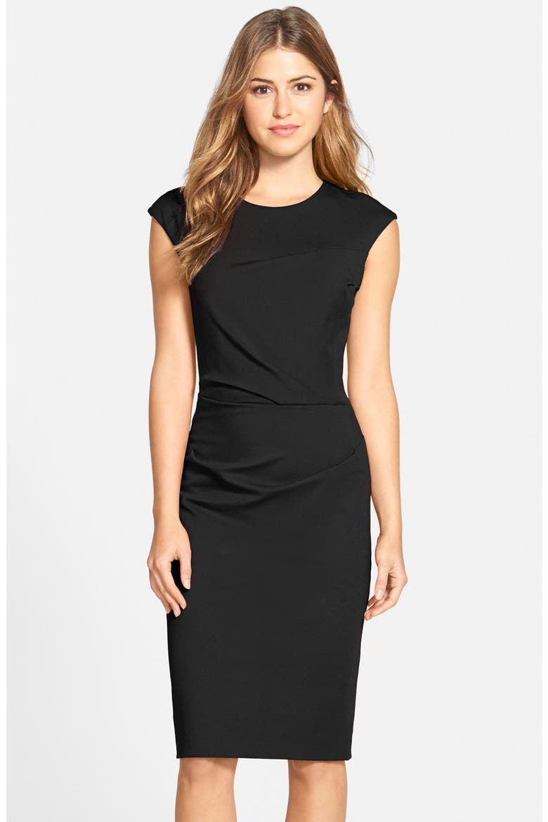 Ruched Ponte Sheath Dress, Main, color, BLACK