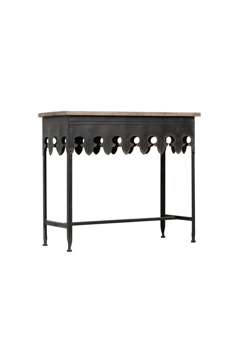 Rustic Farmhouse Metal Console Table with Solid Wood Top, Distressed Grey, Main, color, Black