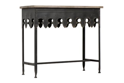 Rustic Farmhouse Metal Console Table with Solid Wood Top, Distressed Grey