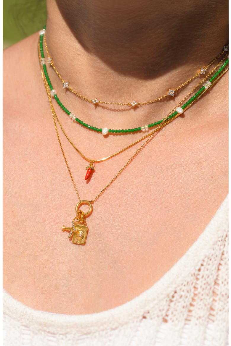 Imitation Pearl and Green Bead Chain Necklace, Alternate, color, GOLD