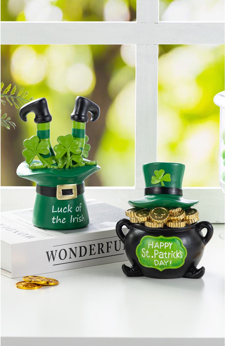 Glitzhome Set of 2 St. Patrick's Resin Pot of Gold & Leprechaun Hat Table Decor, Alternate, color, Green
