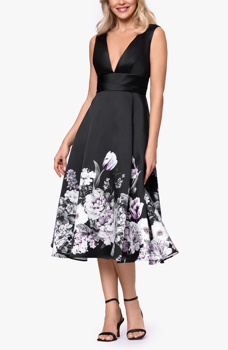 Betsy & Adam Floral Border Plunge Neck Cocktail Midi Dress, Main, color, Black/ Charcoal