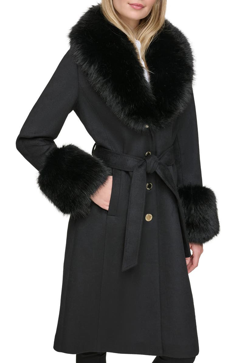 KARL LAGERFELD PARIS Faux Fur & Wool Blend Coat, Main, color, Black
