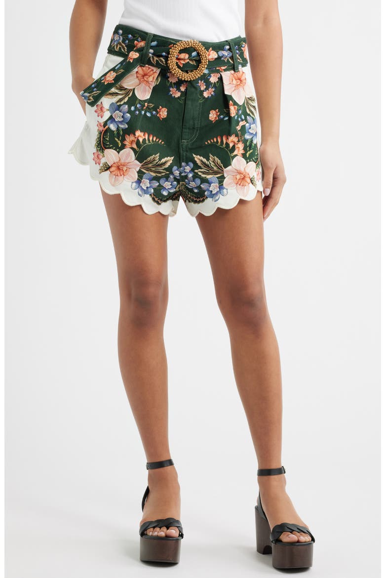 Berry Garden High Rise Belted Cotton Twill Shorts, Main, color, BERRY GARDEN BLACK