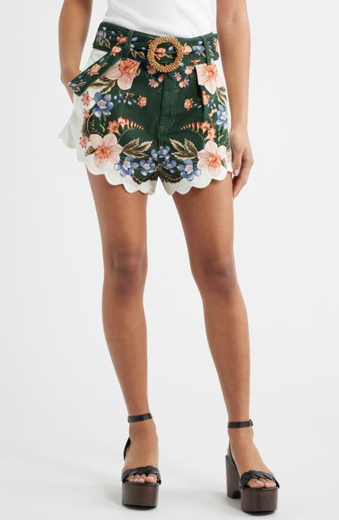 Berry Garden High Rise Belted Cotton Twill Shorts