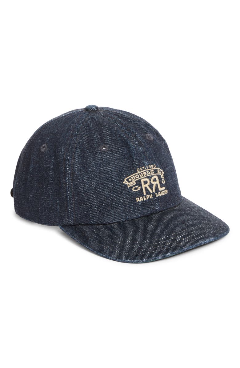 Double RL Sportsman Logo Embroidered Denim & Leather Adjustable Baseball Cap, Main, color, Rinse