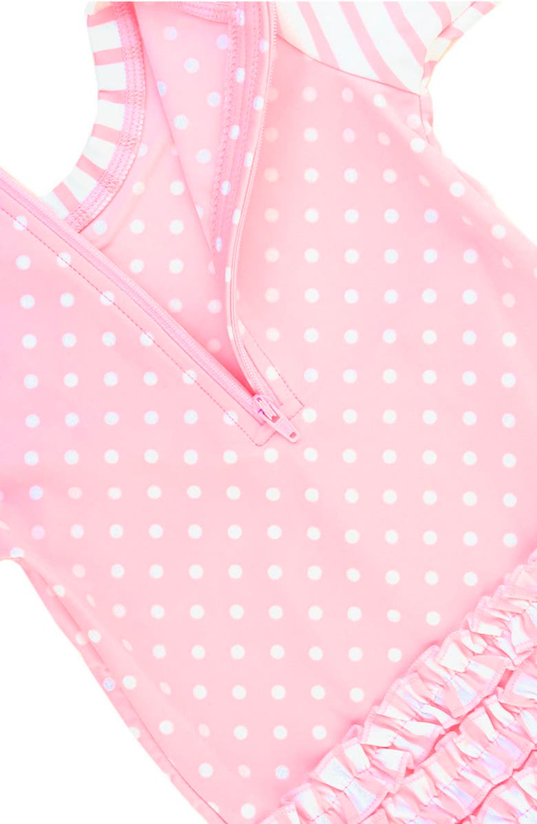 RuffleButts Pink Polka Dot One-Piece Rashguard Swimsuit & Hat Set, Alternate, color, Pink Polka Dot