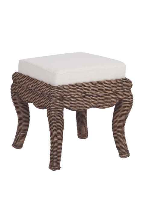 Rowan 19.7" Bohemian Designer Woven Rattan/Wood Ottoman Vanity Stool, White Cushion Seat