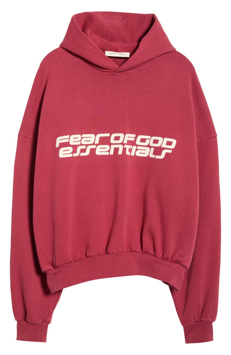Fear of God Essentials Logo Graphic Print Relaxed Crop Hoodie, Main, color, Crimson
