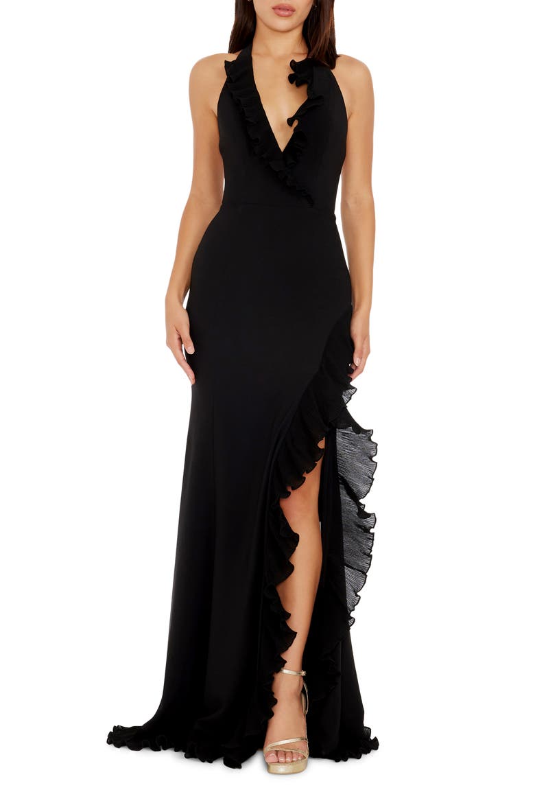 Kathleen Ruffle Halter Gown with Train, Main, color, BLACK