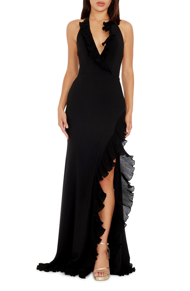 Dress the Population Kathleen Ruffle Halter Gown with Train, Main, color, 