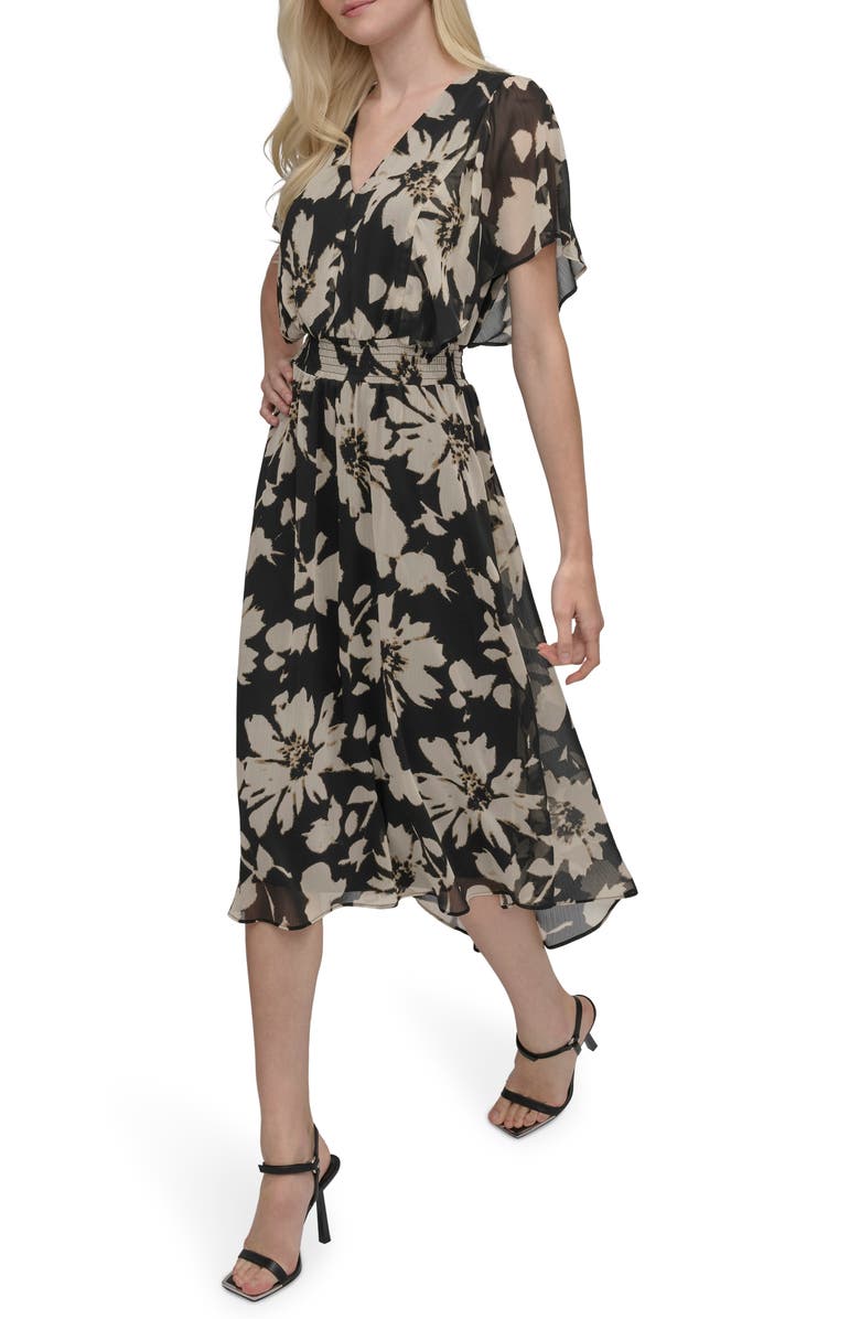 DKNY Smocked Flutter Sleeve Midi Dress, Alternate, color, 