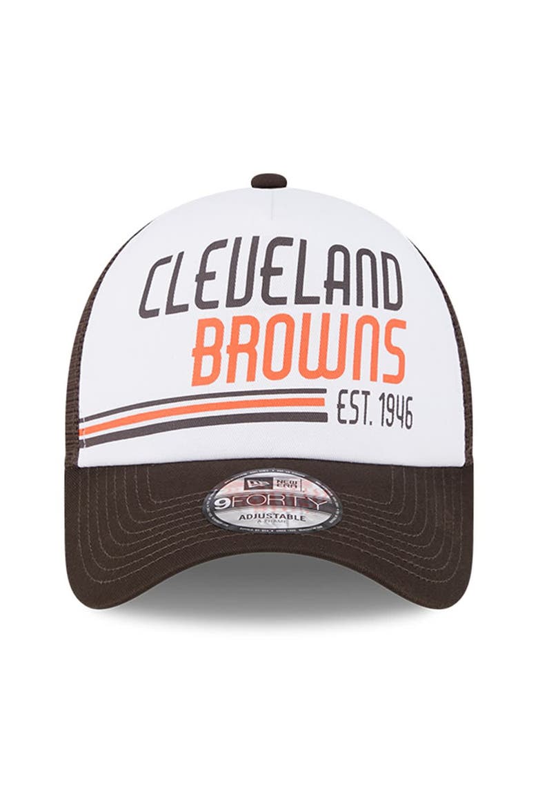 Men's New Era White/Brown Cleveland Browns Stacked A-Frame Trucker 9FORTY Adjustable Hat, Alternate, color, White