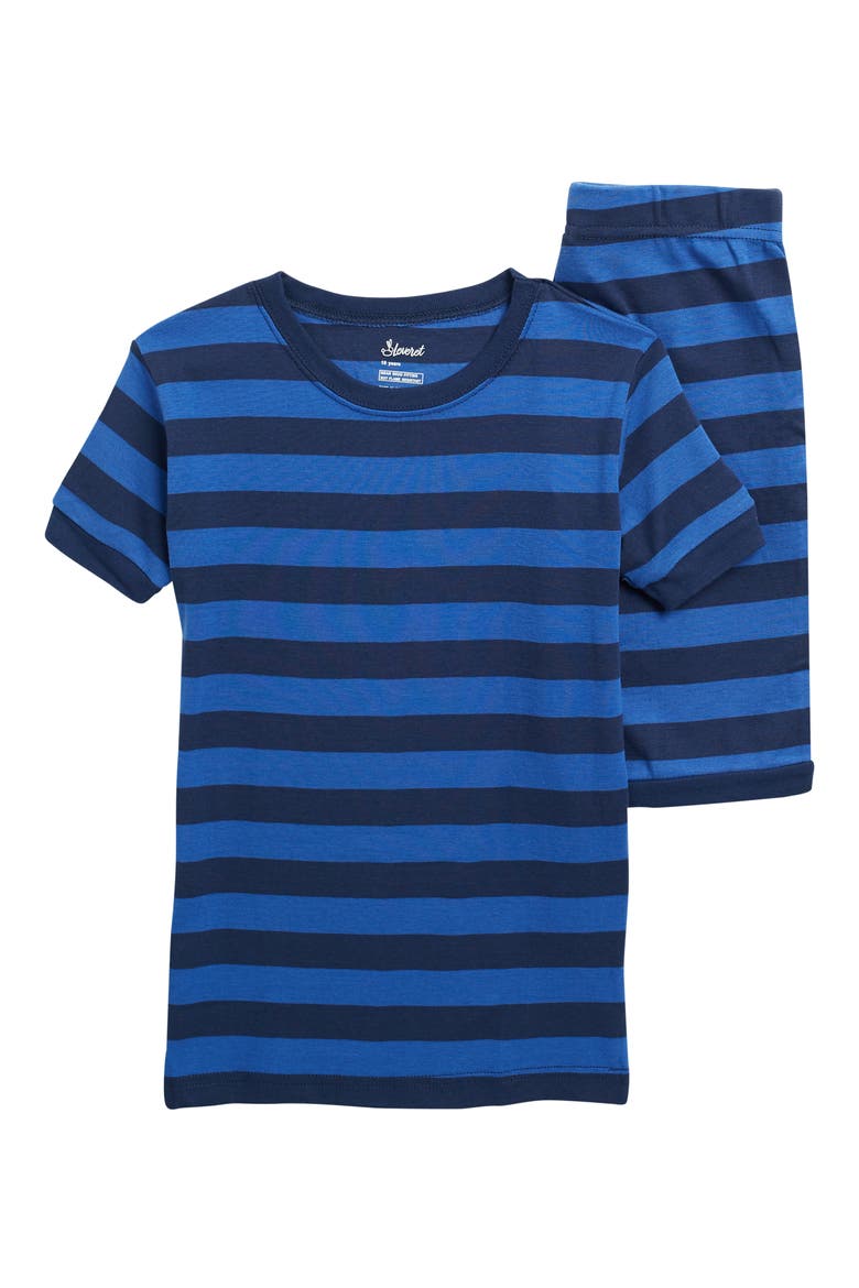 Kids Cotton Two-Piece Short Pajamas, Stripes & Solids, Main, color, BLUE/ NAVY