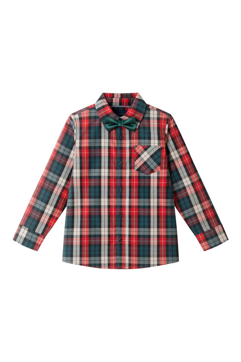 Kids' Two-Piece Plaid Cotton Flannel Button-Up Shirt & Bow Tie Set, Main, color, RED PLAID