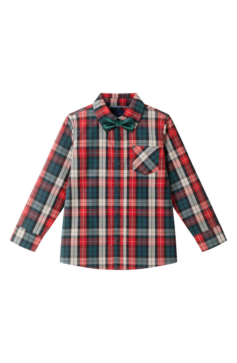 Andy & Evan Kids' Two-Piece Plaid Cotton Flannel Button-Up Shirt & Bow Tie Set, Main, color, Red Plaid