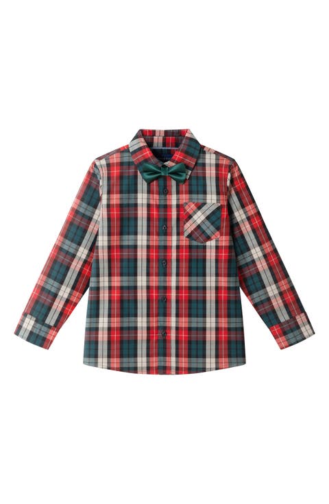 Kids' Two-Piece Plaid Cotton Flannel Button-Up Shirt & Bow Tie Set (Toddler, Little Kid & Big Kid)