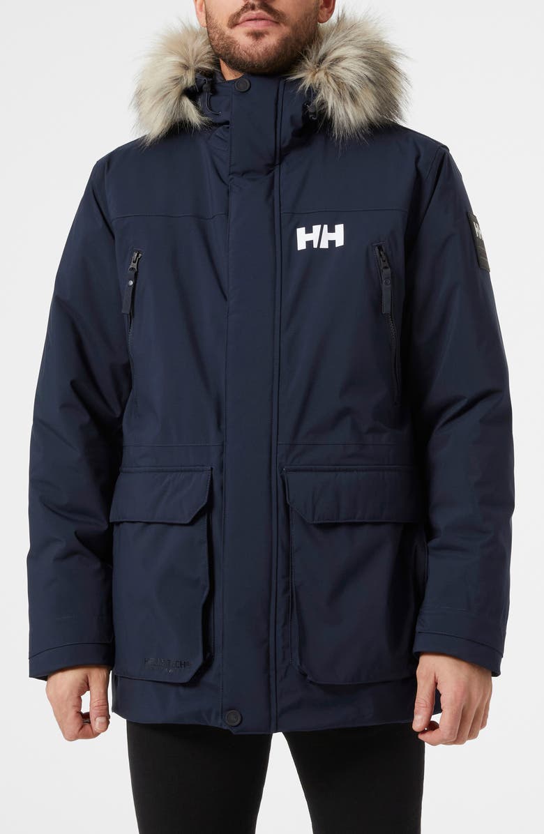 Helly Hansen Reine Waterproof Insulated Parka with Faux Fur Trim Hood, Main, color, Navy