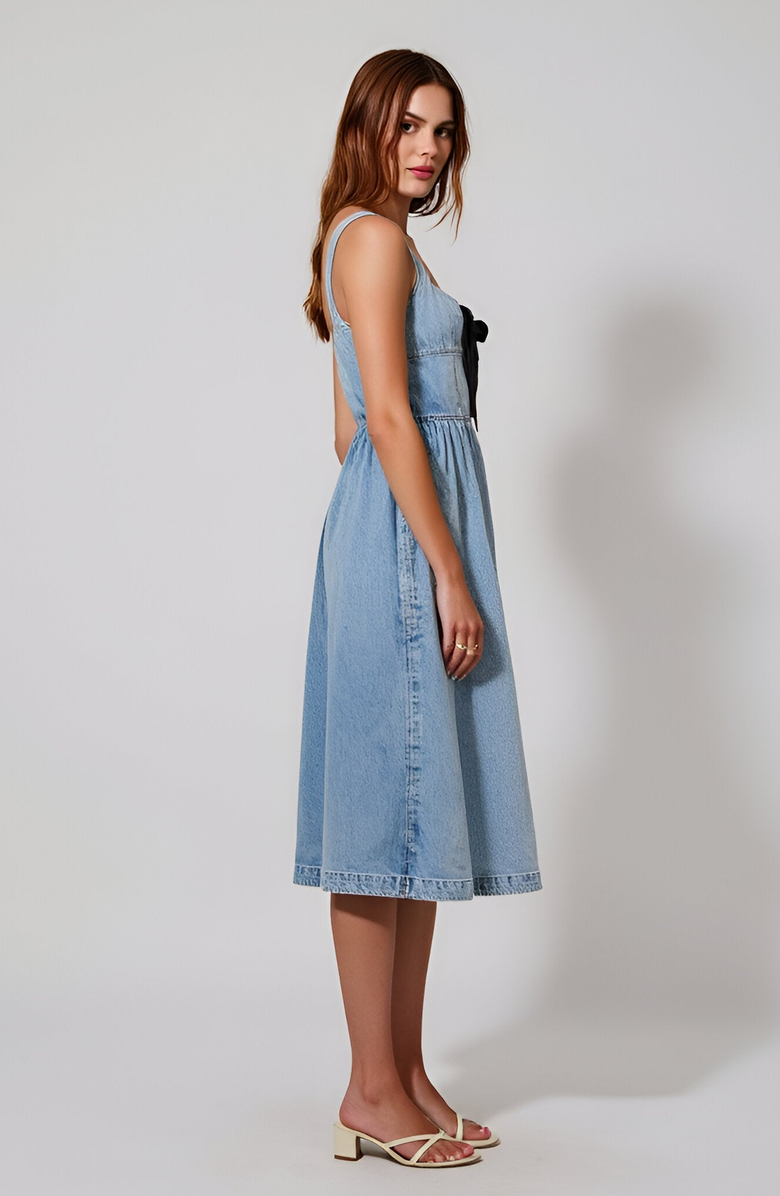 Modenaire Denim Midi Dress with Bow Detail, Alternate, color, Light Blue