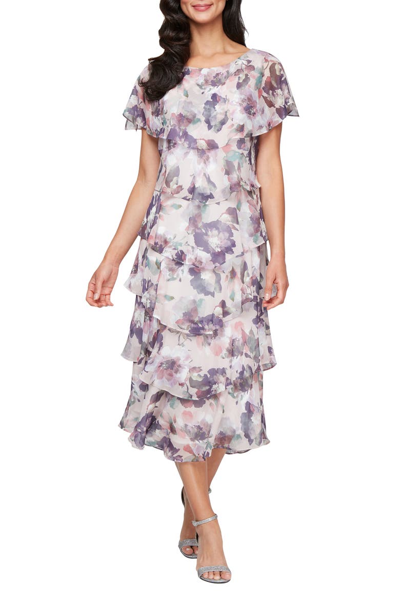 Tiered Floral Midi Dress, Main, color, BLUSH MULTI