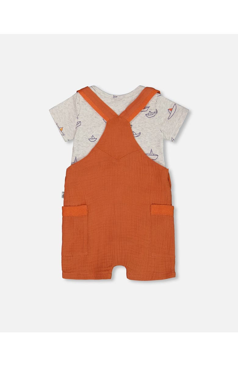Deux par Deux Baby Boy's Printed Organic Cotton Bodysuit And Muslin Shortall Set Terracotta And Small Boats, Alternate, color, 