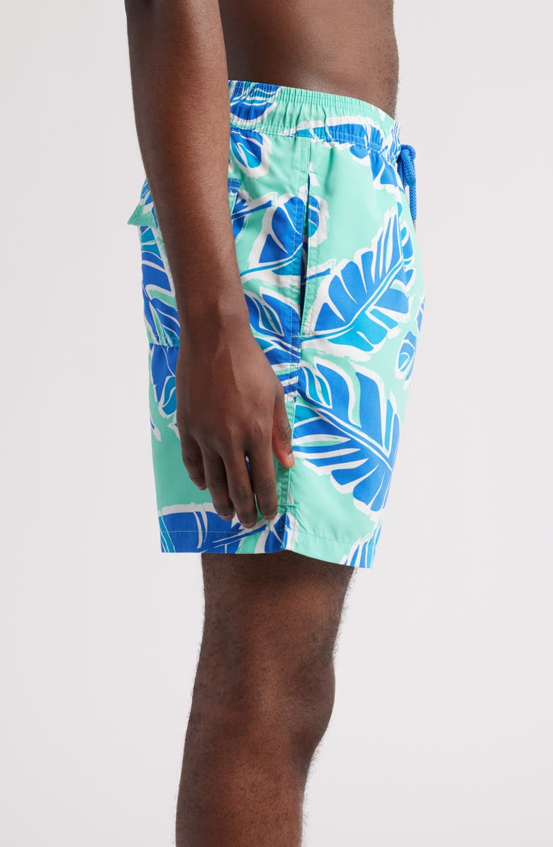 Tom & Teddy Palm Leaf Print Swim Trunks, Alternate, color, Green Blue