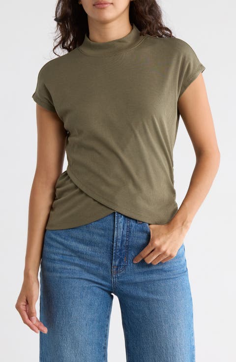 Cap Sleeve Ribbed Crossover T-Shirt