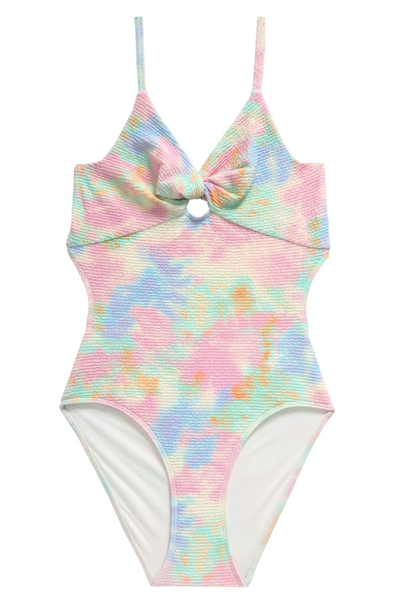 Treasure & Bond Kids' Crinkle Twist Cutout One-Piece Swimsuit, Main, color, Pink Lavender Tie Dye Print