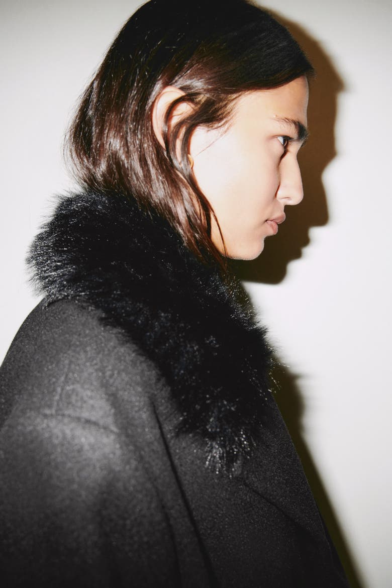 Fluffy-collared Pea Coat, Alternate, color, Black