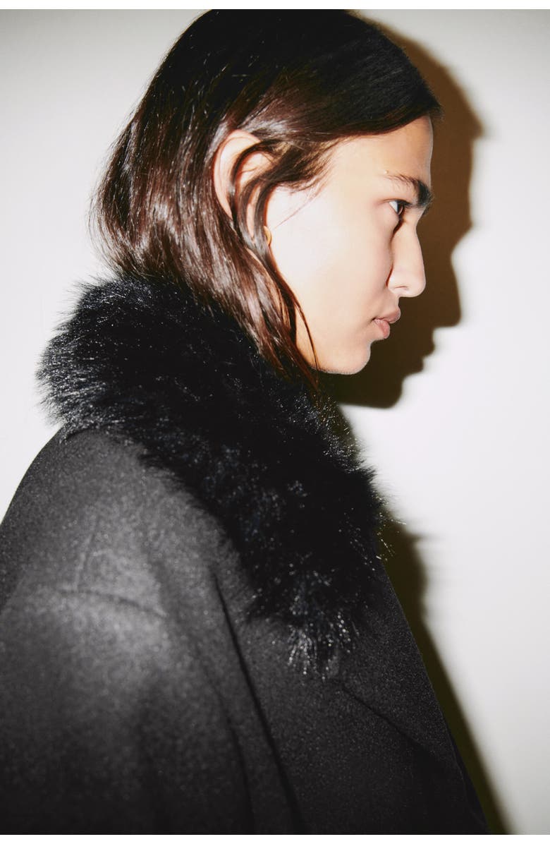 H&M Fluffy-collared Pea Coat, Alternate, color, Black