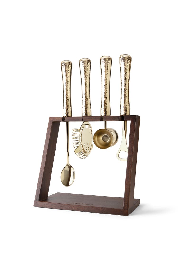 4 Piece Bar Tool Set with Stand - Brass Metal Handles, Main, color, Gold
