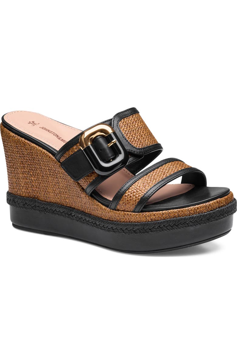 Johnston & Murphy Addison Buckle Platform Wedge Slide Sandal, Main, color, Cognac Raffia