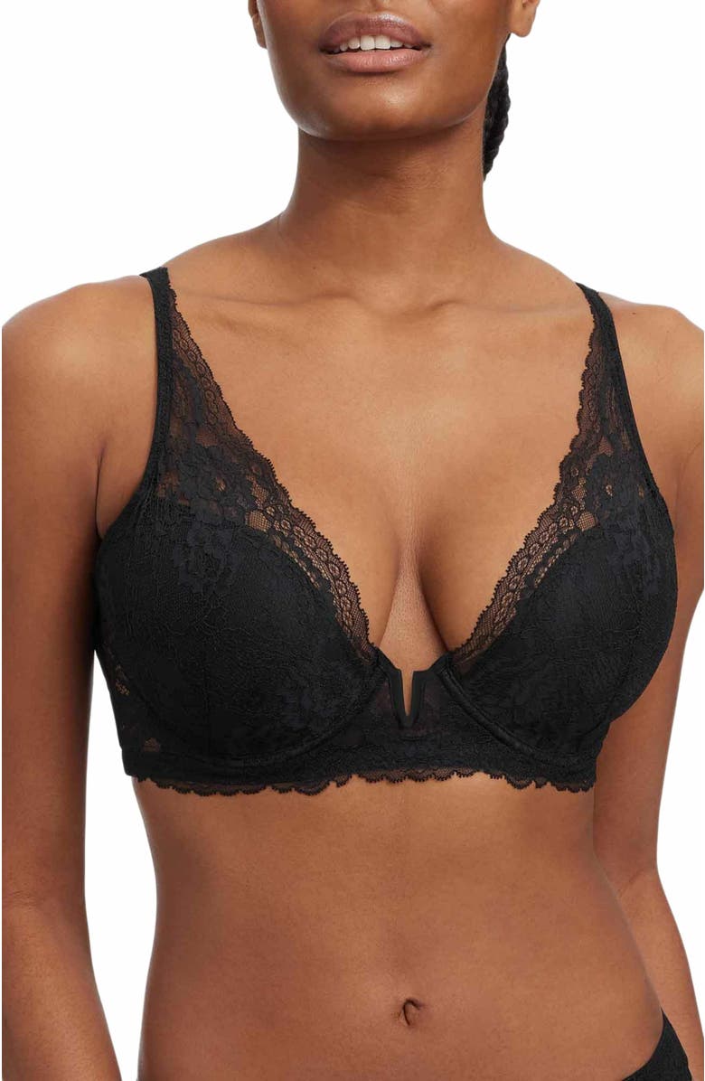 Skarlett Blue Minx Lace Plunge Lightly Lined V-Wire Bra, Main, color, Black