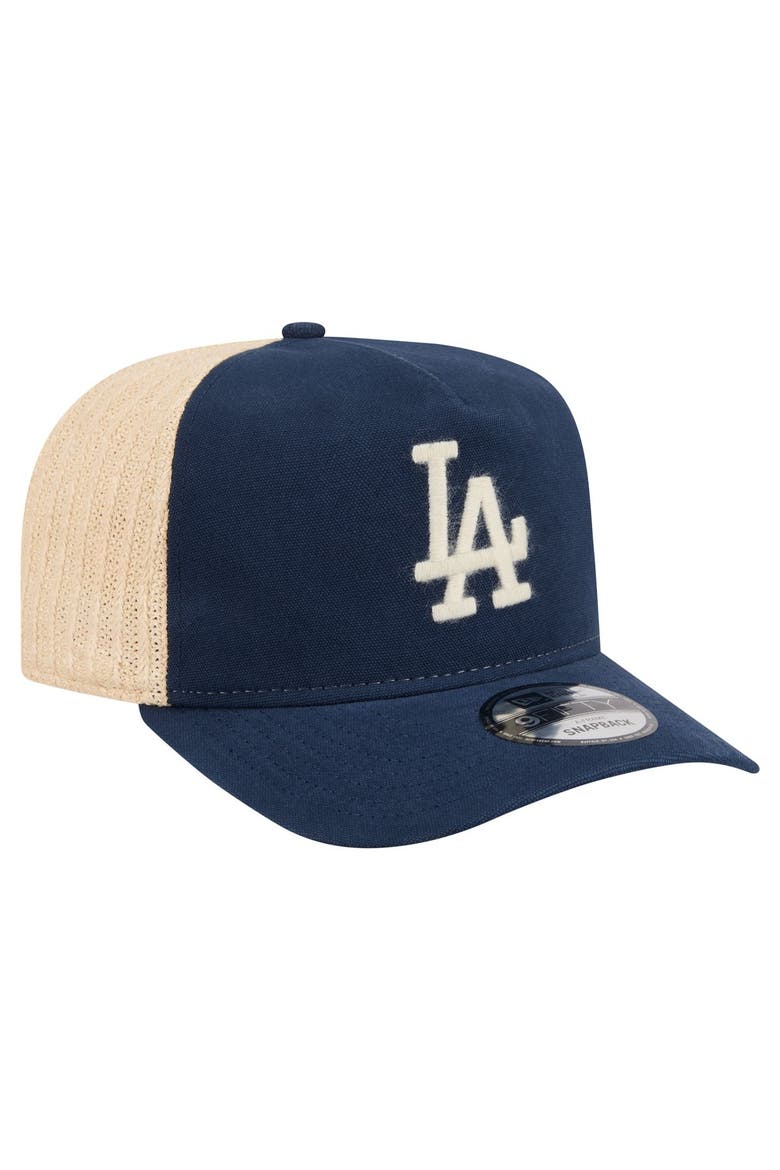 Men's New Era  Blue/Natural Los Angeles Dodgers Grained 9FIFTY A-Frame Trucker Adjustable Hat, Alternate, color, Blue