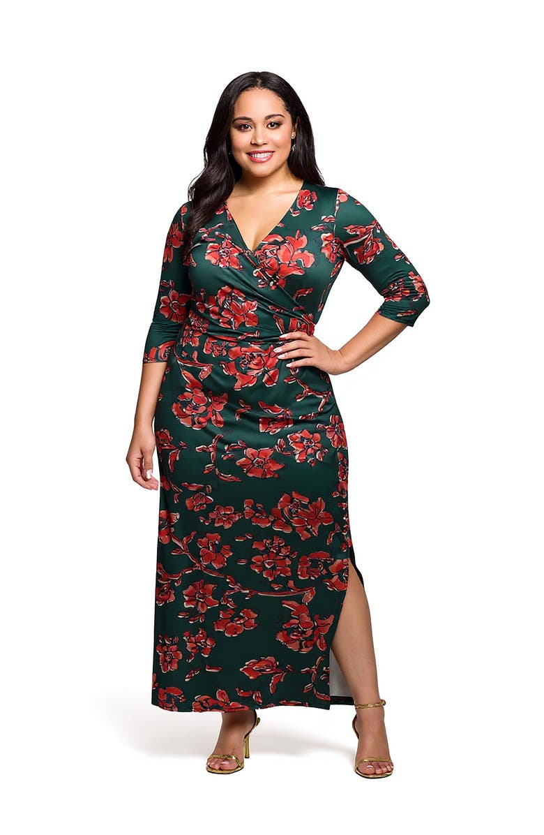 24seven Comfort Apparel Floral Print Three Quarter Sleeve Side Slit Maxi Dress, Main, color, Orange Multi