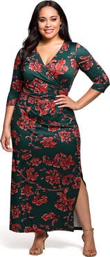 24seven Comfort Apparel Floral Print Three Quarter Sleeve Side Slit Maxi Dress