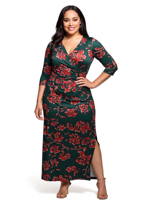 24seven Comfort Apparel Floral Print Three Quarter Sleeve Side Slit Maxi Dress In Multi